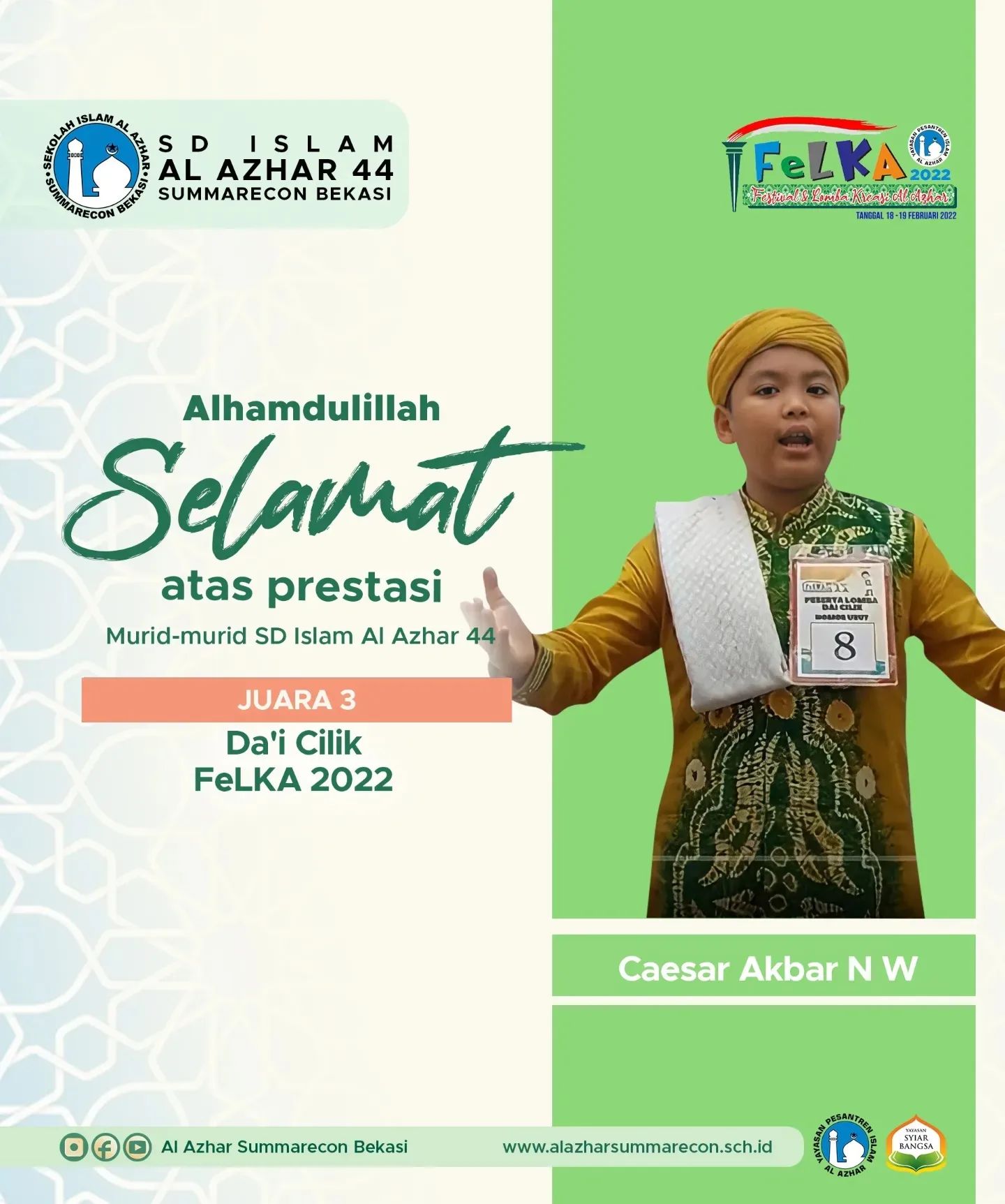 SD Islam Al Azhar 44 Summarecon Bekasi berhasil meraih JUARA dalam ajang festival dan lomba kreasi Al Azhar (FeLKA) 2022